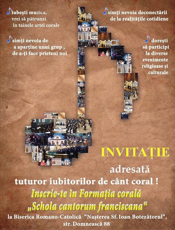 invitație de înscriere în Formația corală „Schola Cantorum Franciscana” din Galați