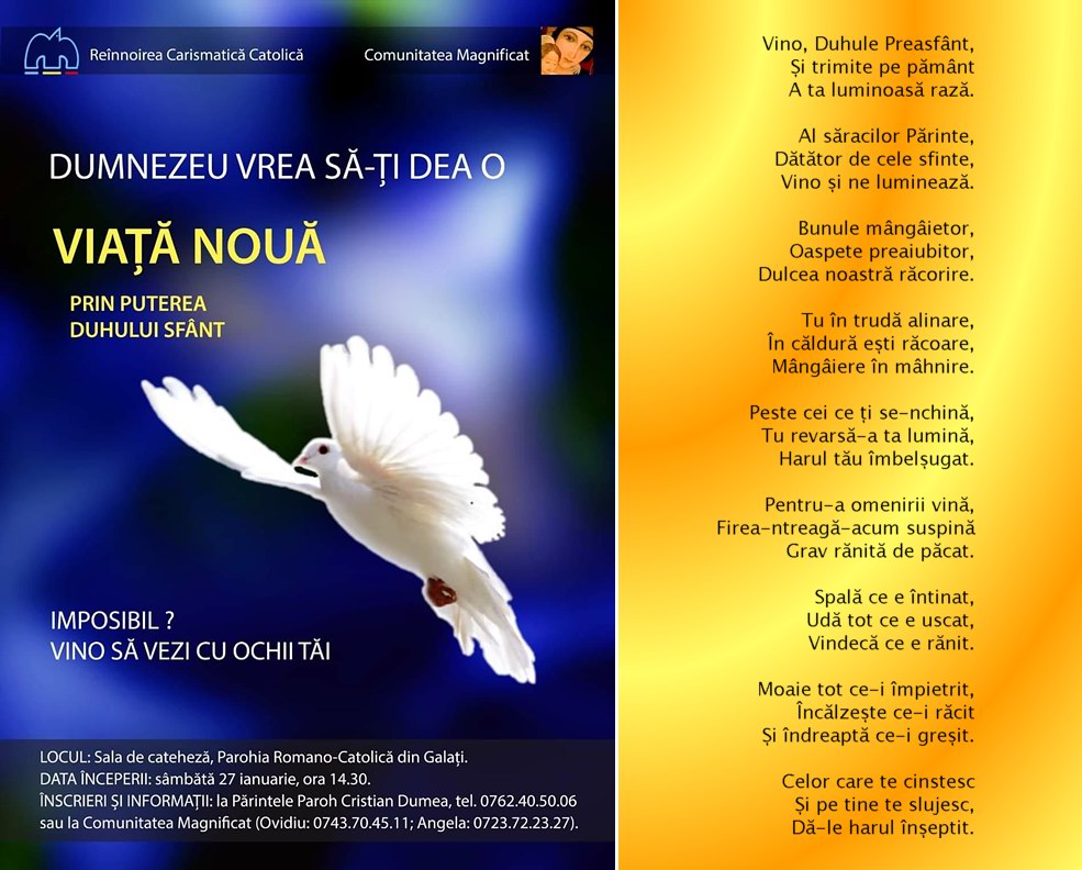 afișul primei întâlniri cu membrii Comunității Magnificat la Galați (27.01.2024) | rugăciune către Duhul Sfânt