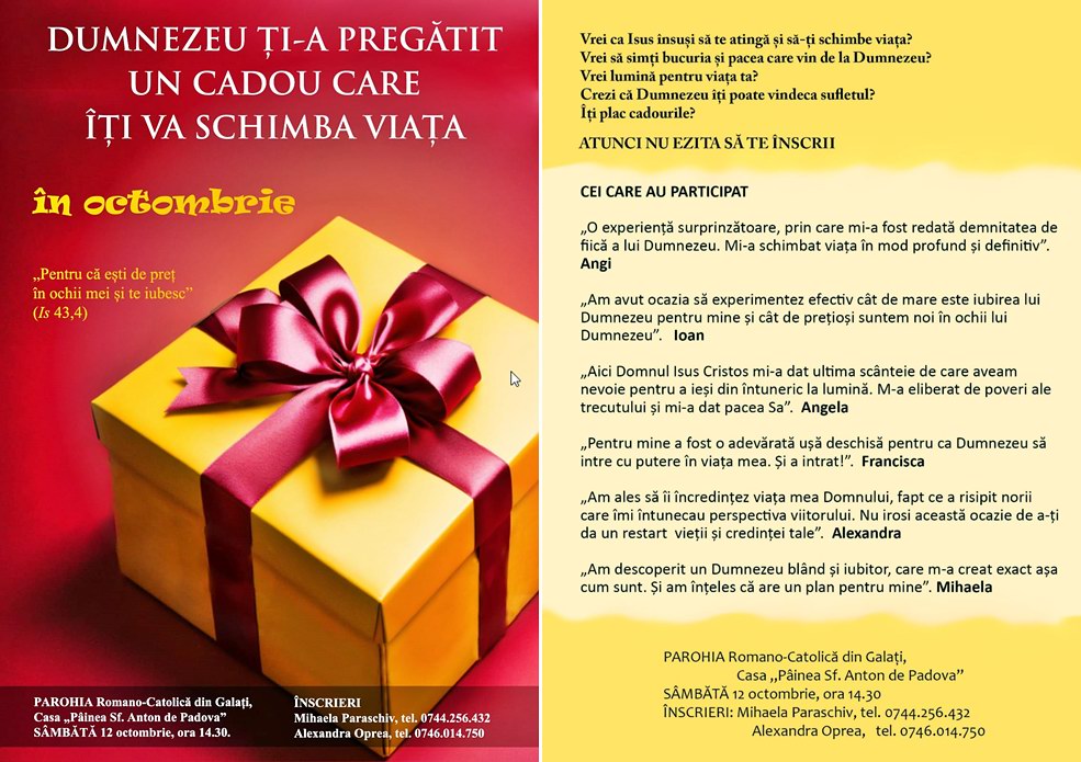 afișul întâlnirii cu membrii Comunității Magnificat la Galați (12.10.2024)