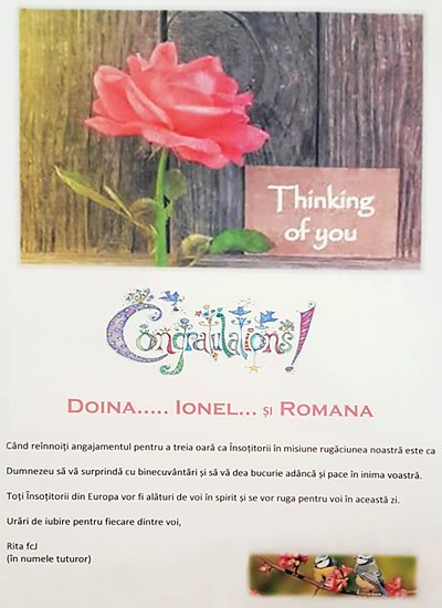 felicitare adresată Însoțitorilor în Misiune FCJ din Galați (2021)