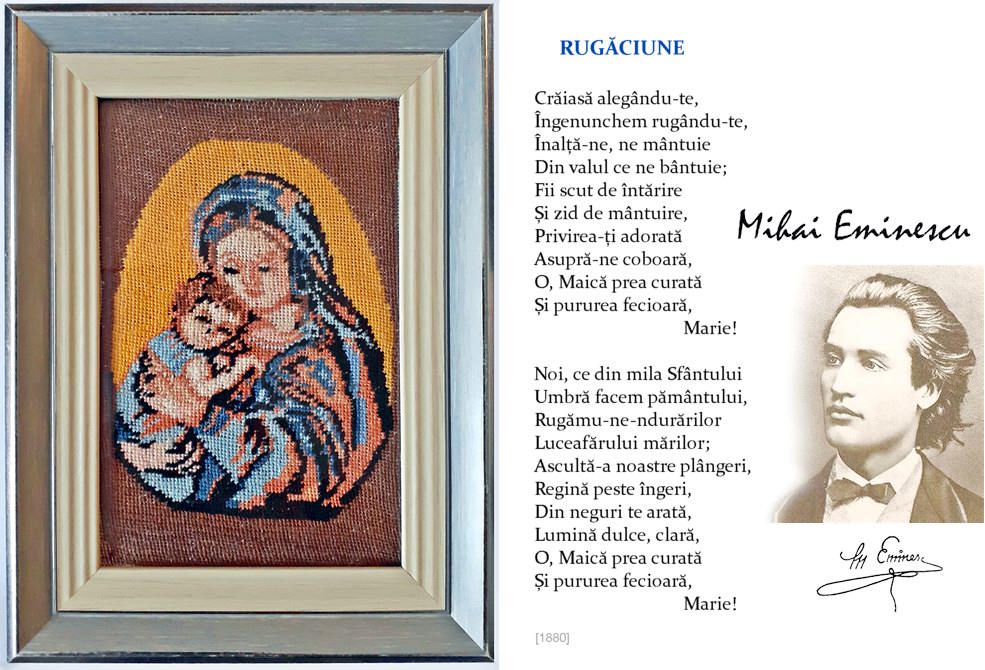 „Maica Domnului cu pruncul Isus”, iconiță-goblen lucrată de dna. Brigita | poezia „Rugăciune” de Mihai Eminescu