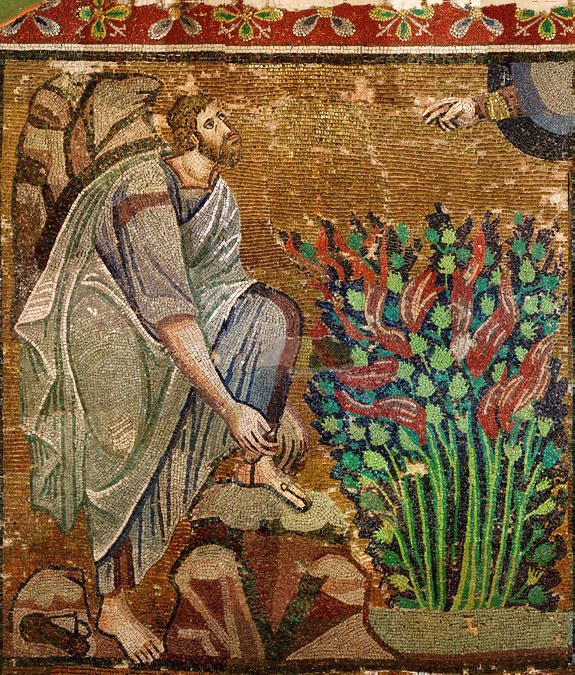 Moise în fața tufișului arzând (mozaic din sec. VI - Mănăstirea Sf. Ecaterina, Sinai, Egipt)